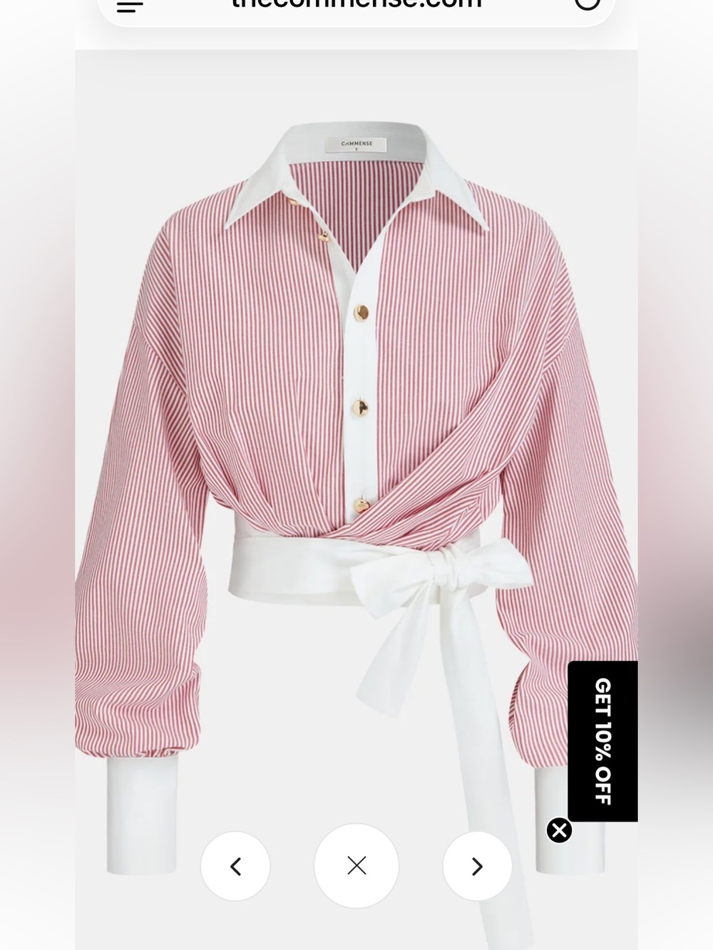 Commense Red and White Striped Wrap Button-Down Shirt